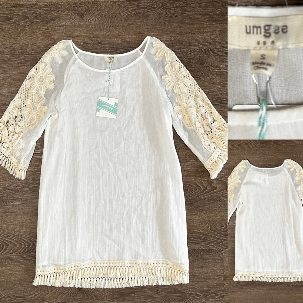 Umgee
Mini dress with floral crochet sleeves and fringe detail size S Small NWT - Picture 12 of 13